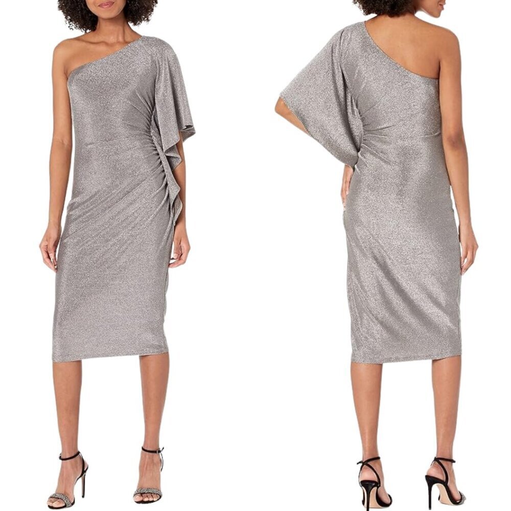 Trina Turk Ratio Ruched One-Shoulder Shimmer Mini Dress Women's XL Silver NWT - Picture 1 of 16